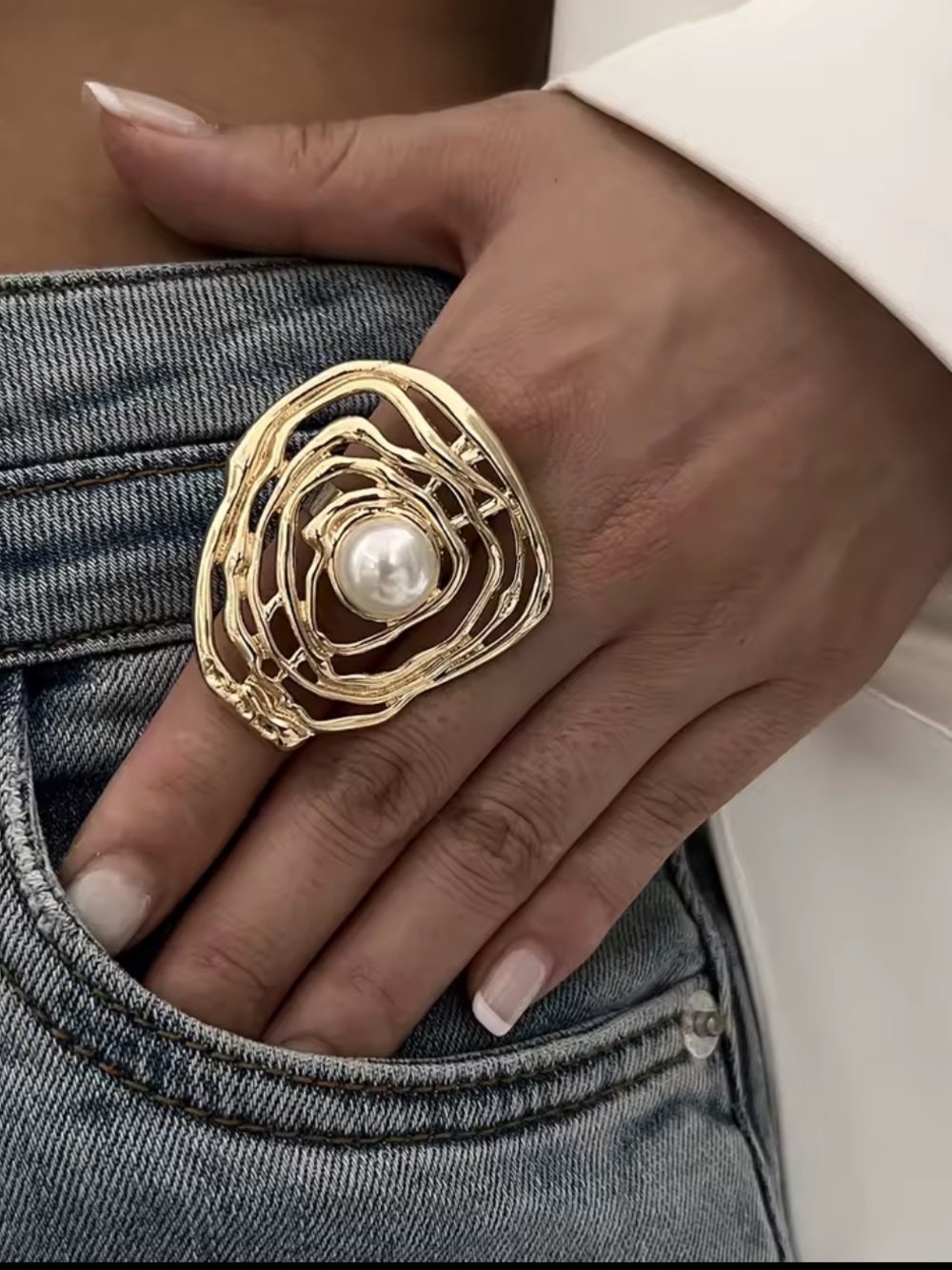 Gold Sculptural Ring with Pearl